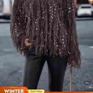 Brown Fringe Sequin Sweater